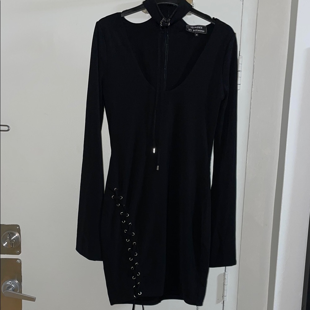 Black Bell Sleeve V-Neck Mini Dress